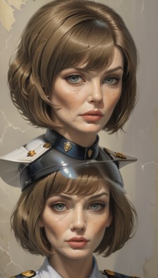 1girl,solo,looking at viewer,short hair,bangs,blue eyes,brown hair,hat,parted lips,artist name,uniform,lips,grey eyes,military,military uniform,multiple views,bob cut,portrait,military hat,realistic,nose,shirt,jewelry,closed mouth,earrings,signature,grey background,eyelashes,scar,expressionless,peaked cap,freckles,stud earrings