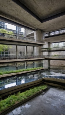 outdoors,day,indoors,water,tree,no humans,window,sunlight,grass,plant,building,scenery,reflection,fence,ruins,bridge,river,moss,overgrown,broken window,rain,school,puddle