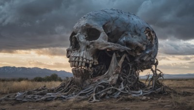 outdoors,sky,teeth,cloud,signature,water,no humans,glowing,ocean,cloudy sky,scenery,skull,monster,mountain,horizon,skeleton,solo,bone