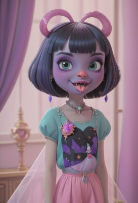 1girl,solo,looking at viewer,smile,short hair,open mouth,bangs,skirt,shirt,black hair,jewelry,green eyes,standing,collarbone,upper body,short sleeves,:d,earrings,wings,teeth,tongue,puffy sleeves,shiny,indoors,tongue out,blunt bangs,necklace,blurry,puffy short sleeves,see-through,eyelashes,makeup,depth of field,blurry background,colored skin,fangs,upper teeth only,bob cut,blue shirt,sharp teeth,curtains,gem,child,pendant,eyeshadow,pink skirt,high-waist skirt,arms at sides,female child,purple skin,blue eyes,dress,animal ears,flat chest,window,animal print,hair rings,blue skin