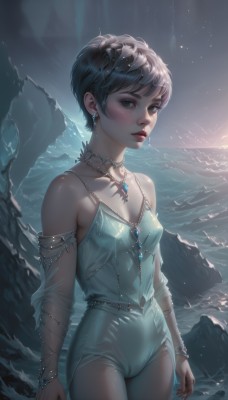 1girl,solo,breasts,looking at viewer,blush,short hair,bangs,blue eyes,black hair,hair ornament,cleavage,bare shoulders,jewelry,standing,collarbone,grey hair,cowboy shot,earrings,small breasts,outdoors,parted lips,detached sleeves,sky,shiny,artist name,water,necklace,mole,bracelet,leotard,lips,see-through,grey eyes,makeup,night,cameltoe,bird,ocean,gem,star (sky),night sky,pendant,starry sky,backlighting,freckles,crystal,mountain,realistic,nose,red lips,lake,closed mouth,choker,nail polish,covered nipples,fingernails,lipstick,pink lips,spaghetti strap,very short hair,waves