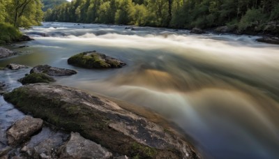 outdoors,day,water,blurry,tree,no humans,nature,scenery,forest,rock,motion blur,river,landscape,lake,grass,bush