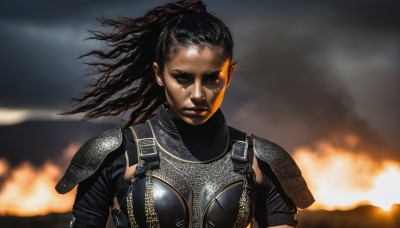 1girl,solo,long hair,looking at viewer,black hair,upper body,dark skin,armor,black eyes,dark-skinned female,lips,floating hair,scar,fire,wind,shoulder armor,pauldrons,breastplate,dreadlocks,chainmail,ponytail,realistic,facepaint,very dark skin