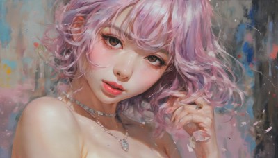 1girl,solo,looking at viewer,short hair,bangs,holding,bare shoulders,brown eyes,jewelry,pink hair,parted lips,hand up,necklace,mole,lips,eyelashes,makeup,traditional media,ring,portrait,close-up,realistic,red lips,painting (medium),upper body,nail polish,fingernails,lipstick,pink lips,nose