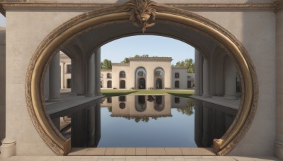 outdoors,sky,day,water,tree,blue sky,no humans,window,building,scenery,stairs,fantasy,door,architecture,pillar,statue,arch,column,plant,reflection,monster,wall,bridge