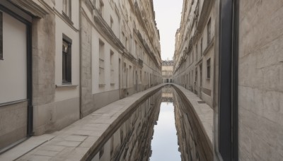 outdoors,sky,day,water,no humans,window,building,scenery,reflection,stairs,city,door,railing,road,architecture,bridge,street,hallway,wall