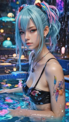 1girl,solo,long hair,breasts,looking at viewer,bangs,blue eyes,hair ornament,cleavage,bare shoulders,twintails,jewelry,medium breasts,blue hair,collarbone,swimsuit,upper body,ponytail,pink hair,sidelocks,bikini,multicolored hair,earrings,outdoors,parted lips,water,necklace,mole,blurry,from side,two-tone hair,aqua eyes,lips,streaked hair,wet,aqua hair,tattoo,makeup,night,depth of field,blurry background,black bikini,piercing,partially submerged,realistic,nose,pool,wet hair,arm tattoo,shoulder tattoo,freckles,rain,city