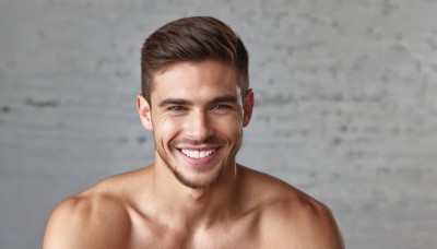 solo,looking at viewer,smile,short hair,open mouth,brown hair,1boy,collarbone,upper body,male focus,teeth,grey background,grin,facial hair,portrait,beard,meme,topless male,realistic,mustache,real life insert,brown eyes,nude,muscular,manly