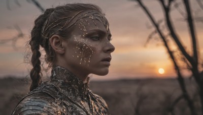 1girl,solo,long hair,brown hair,black hair,brown eyes,jewelry,closed mouth,upper body,braid,outdoors,dark skin,armor,blurry,from side,dark-skinned female,tree,lips,single braid,profile,depth of field,blurry background,looking away,portrait,freckles,sunset,braided ponytail,circlet,realistic,nose,bare tree,chainmail,head chain,earrings,sky,sun,looking afar,gold,sunrise