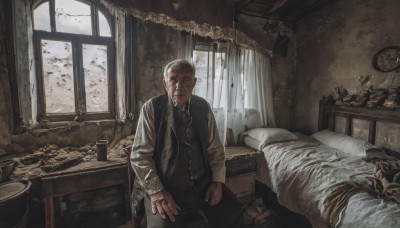 solo,looking at viewer,short hair,shirt,long sleeves,1boy,sitting,white hair,male focus,pants,indoors,vest,cup,coat,pillow,window,blood,bed,facial hair,on bed,scar,chair,black pants,stuffed toy,table,curtains,beard,injury,clock,old,broken,old man,statue,corpse,white shirt,black vest,realistic,bald,brown vest