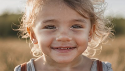 1girl,solo,looking at viewer,smile,short hair,open mouth,blue eyes,blonde hair,shirt,outdoors,parted lips,teeth,blurry,lips,grey eyes,depth of field,blurry background,messy hair,child,portrait,curly hair,realistic,female child,old woman,1boy,male focus,tongue,half-closed eyes,close-up