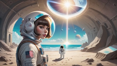 1girl,looking at viewer,short hair,bangs,blue eyes,brown hair,1boy,upper body,outdoors,parted lips,sky,solo focus,day,cloud,signature,blunt bangs,water,mole,blue sky,lips,makeup,bird,ocean,beach,sunlight,bob cut,helmet,scenery,lens flare,reflection,science fiction,rock,realistic,nose,sand,sun,horizon,red lips,flag,space,planet,earth (planet),american flag,spacecraft,spacesuit,desert,japanese flag,space helmet,astronaut,solo,standing,weapon,gun,flag print,pilot,american flag print