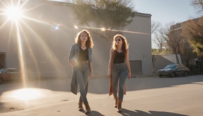 1girl,long hair,breasts,multiple girls,blonde hair,brown hair,shirt,2girls,jewelry,standing,jacket,boots,outdoors,open clothes,day,pants,signature,bracelet,tree,lips,coat,crop top,black shirt,brown footwear,sunlight,sunglasses,tank top,denim,ground vehicle,building,motor vehicle,lens flare,walking,jeans,realistic,hands in pockets,car,road,street,denim jacket,open mouth,hat,closed eyes,sky,scenery