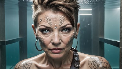 1girl,solo,looking at viewer,smile,short hair,blue eyes,blonde hair,brown hair,jewelry,closed mouth,collarbone,earrings,lips,grey eyes,tattoo,makeup,piercing,lipstick,portrait,realistic,nose,cyborg,cyberpunk,eyelashes,hoop earrings,very short hair,undercut,facial tattoo