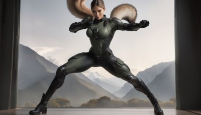 1girl,solo,long hair,breasts,blue eyes,large breasts,brown hair,gloves,medium breasts,tail,full body,ponytail,boots,black gloves,belt,armor,lips,bodysuit,clenched hand,legs apart,pouch,mountain,fighting stance,knee pads,shoulder pads,belt pouch,looking at viewer,short hair,standing,military