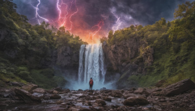 solo, 1boy, standing, outdoors, sky, cloud, water, tree, cloudy sky, nature, scenery, forest, rock, electricity, lightning, waterfall, ambiguous gender, cliff