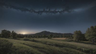 outdoors,sky,cloud,tree,no humans,night,grass,star (sky),nature,night sky,scenery,forest,starry sky,sunset,mountain,landscape,hill,ground vehicle,horizon,field