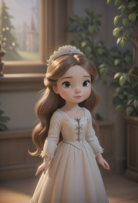 1girl,solo,long hair,looking at viewer,smile,brown hair,long sleeves,dress,brown eyes,closed mouth,standing,indoors,white dress,blurry,flat chest,lips,window,depth of field,blurry background,tiara,plant,child,forehead,female child,potted plant,blush,outdoors,day,crown,princess,gown