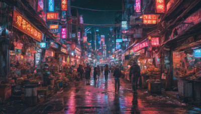 multiple girls, outdoors, multiple boys, sky, night, building, night sky, scenery, 6+boys, lantern, city, sign, road, cityscape, dark, power lines, street, city lights, neon lights, vanishing point