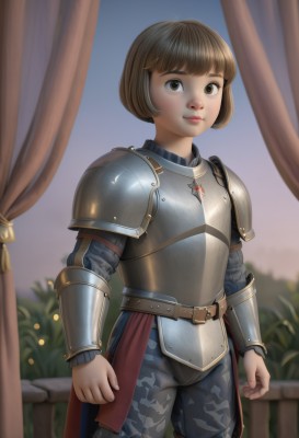 1girl,solo,looking at viewer,smile,short hair,bangs,brown hair,brown eyes,closed mouth,standing,cowboy shot,outdoors,belt,pants,blunt bangs,armor,blurry,lips,blurry background,bob cut,curtains,shoulder armor,clenched hands,pauldrons,breastplate,nose,brown belt,camouflage,faulds,chainmail,plate armor,plant,knight