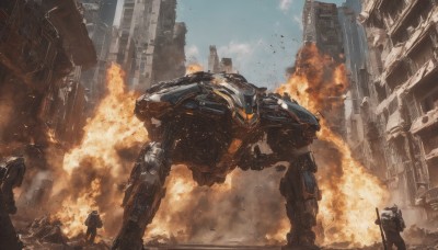 holding,standing,weapon,outdoors,multiple boys,sky,day,holding weapon,uniform,gun,military,helmet,fire,robot,ground vehicle,building,holding gun,mecha,motor vehicle,smoke,science fiction,city,realistic,explosion,ruins,multiple others,damaged,debris,soldier,destruction,bag,backpack,rifle