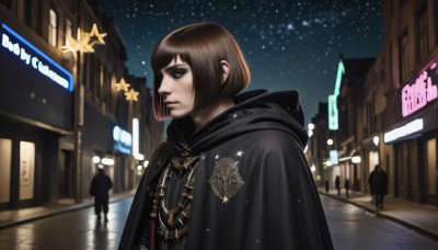 1girl,short hair,bangs,brown hair,1boy,brown eyes,closed mouth,upper body,outdoors,sky,solo focus,hood,star (symbol),black eyes,lips,night,bob cut,hood down,building,star (sky),night sky,cloak,starry sky,reflection,city,sign,realistic,nose,road,street,black hair,necklace,cape,blurry,from side,hoodie,profile,makeup,parody,emblem,lamppost