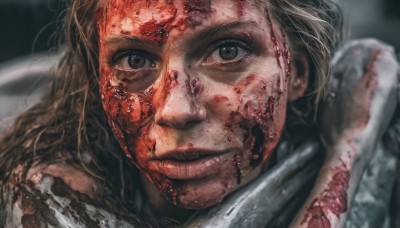 1girl,solo,long hair,looking at viewer,smile,blonde hair,brown hair,brown eyes,closed mouth,scarf,blurry,lips,blood,blurry background,scar,portrait,blood on face,realistic,nose,blood on clothes,parted lips,teeth,grin,black eyes,close-up,dirty,horror (theme)