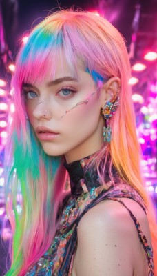 1girl,solo,long hair,looking at viewer,bangs,blue eyes,bare shoulders,jewelry,closed mouth,blue hair,upper body,pink hair,multicolored hair,earrings,sleeveless,mole,blurry,from side,two-tone hair,lips,eyelashes,aqua hair,gradient hair,makeup,blurry background,piercing,ear piercing,portrait,eyeshadow,freckles,pink lips,realistic,nose,eyeliner,mascara,cyberpunk,parted lips,green hair,shiny,artist name,blunt bangs,necklace,depth of field,turtleneck,watermark,expressionless,gem,colorful,neon lights,rainbow hair,mole on cheek