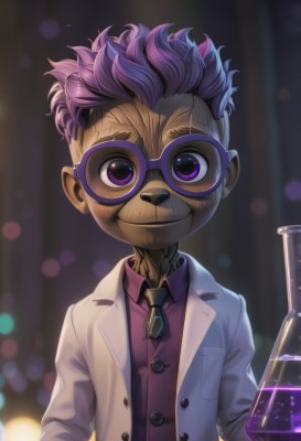 solo,looking at viewer,smile,short hair,shirt,1boy,holding,purple eyes,upper body,pink hair,purple hair,male focus,multicolored hair,necktie,glasses,blurry,blurry background,furry,labcoat,purple shirt,furry male,flask,long sleeves,jacket,open clothes,collared shirt,artist name,open jacket,cup,scar,formal,bottle,goggles,alcohol,drinking glass,pink shirt,drink,purple jacket,male child,brown necktie