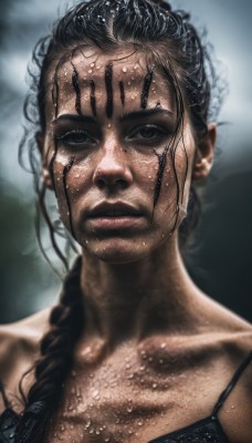 1girl,solo,long hair,looking at viewer,black hair,brown eyes,collarbone,upper body,braid,parted lips,blurry,black eyes,lips,wet,single braid,blurry background,portrait,realistic,nose,wet hair,dark skin,dark-skinned female,scar,hair over shoulder,dirty