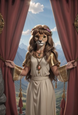 1girl,solo,long hair,looking at viewer,bangs,brown hair,dress,brown eyes,jewelry,standing,flower,short sleeves,outdoors,sky,day,artist name,cloud,wide sleeves,necklace,white dress,blue sky,chain,sunlight,curtains,gem,tassel,furry,robe,mountain,fantasy,furry female,head wreath,mountainous horizon,curtain grab,hair ornament,holding,animal ears,yellow eyes,cowboy shot,pendant,freckles,whiskers,snout,brown fur