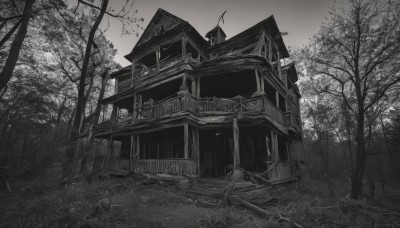 solo,hat,holding,standing,monochrome,weapon,greyscale,outdoors,japanese clothes,tree,no humans,building,scenery,stairs,architecture,house,east asian architecture,bare tree,shrine,sky,grass,rope,nature,forest