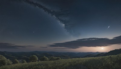 outdoors,sky,cloud,tree,no humans,night,grass,star (sky),nature,night sky,scenery,forest,starry sky,sunset,mountain,landscape,mountainous horizon,shooting star,hill,sun,horizon,field,sunrise