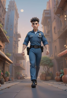 solo,looking at viewer,short hair,shirt,black hair,1boy,full body,weapon,male focus,boots,outdoors,sky,shoes,collared shirt,belt,pants,artist name,black footwear,uniform,black eyes,lips,gun,window,night,moon,blue shirt,plant,building,handgun,sleeves rolled up,walking,curly hair,black belt,pouch,city,realistic,blue pants,potted plant,holster,belt pouch,police,police uniform,policewoman,walkie-talkie,1girl,smile,brown hair,brown eyes,closed mouth,standing,day,tree,shadow,crossed legs,denim,buckle,belt buckle,nose,road,badge,street,pavement