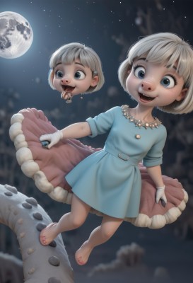 1girl,solo,looking at viewer,smile,short hair,open mouth,bangs,blue eyes,hair ornament,gloves,dress,holding,jewelry,full body,white hair,short sleeves,:d,grey hair,outdoors,sky,barefoot,teeth,tongue,hairclip,belt,white gloves,tongue out,necklace,blurry,saliva,night,blurry background,blue dress,moon,child,star (sky),night sky,full moon,starry sky,toenails,wide-eyed,female child,horror (theme),blonde hair,feet,multiple views,toenail polish,aqua dress