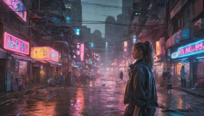 1girl, long hair, multiple girls, black hair, jacket, ponytail, outdoors, multiple boys, sky, solo focus, bag, dutch angle, night, ground vehicle, building, scenery, walking, rain, city, sign, road, dark, power lines, street, neon lights, crosswalk