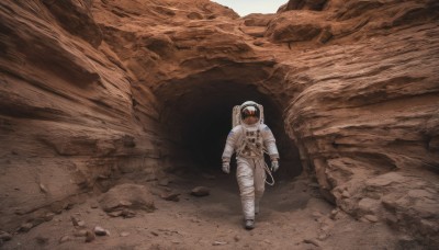 solo,1boy,male focus,bandages,helmet,scenery,1other,walking,science fiction,rock,space,wide shot,planet,ambiguous gender,debris,spacesuit,desert,dust,space helmet,astronaut,gloves,full body,signature,moon,realistic