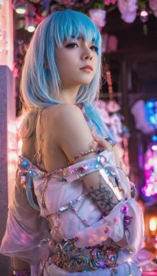 1girl,solo,long hair,breasts,looking at viewer,bangs,dress,bare shoulders,brown eyes,jewelry,blue hair,upper body,parted lips,looking back,off shoulder,blurry,bracelet,from side,lips,see-through,depth of field,blurry background,gem,realistic,flower,outdoors,nail polish,makeup,watermark,web address