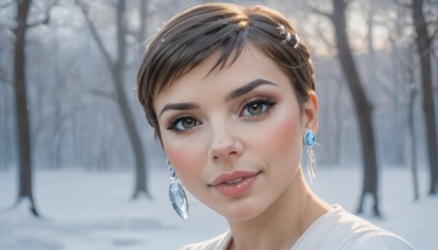 1girl,solo,looking at viewer,smile,short hair,brown hair,shirt,hair ornament,brown eyes,jewelry,white shirt,earrings,outdoors,parted lips,teeth,day,blurry,tree,lips,eyelashes,blurry background,portrait,nature,snow,forest,realistic,nose,winter,bare tree,blush,bangs,black hair,makeup,thick eyebrows,lipstick,close-up,eyeshadow,snowing