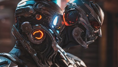 solo,1boy,upper body,male focus,armor,blurry,from side,profile,depth of field,blurry background,glowing,helmet,portrait,close-up,1other,science fiction,looking ahead,power armor,robot,realistic,cyborg,cyberpunk,humanoid robot