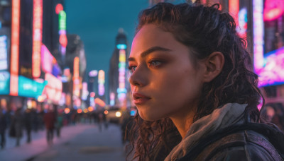 1girl, solo, long hair, black hair, brown eyes, outdoors, solo focus, dark skin, mole, blurry, dark-skinned female, lips, mole under eye, night, blurry background, city, realistic, nose