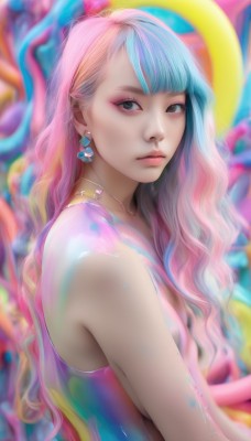 1girl,solo,long hair,looking at viewer,bangs,bare shoulders,jewelry,closed mouth,blue hair,upper body,pink hair,multicolored hair,earrings,sleeveless,artist name,necklace,blurry,black eyes,from side,two-tone hair,lips,looking to the side,grey eyes,eyelashes,makeup,blurry background,watermark,wavy hair,web address,eyeshadow,realistic,nose,eyeliner,colorful,mascara,rainbow hair,blue eyes,blunt bangs,halo,split-color hair