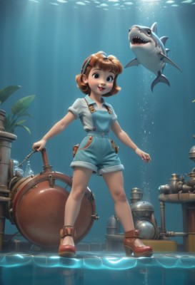 1girl,solo,looking at viewer,blush,smile,short hair,open mouth,bangs,brown hair,shirt,holding,brown eyes,standing,full body,white shirt,short sleeves,:d,hairband,shoes,shorts,teeth,puffy sleeves,collared shirt,water,puffy short sleeves,brown footwear,sunlight,suspenders,plant,red footwear,freckles,fish,bubble,shield,light rays,underwater,potted plant,overalls,air bubble,shark,suspender shorts,whale,watering can,overall shorts,aquarium,blue eyes,black eyes,high heels,lips,sharp teeth,jar