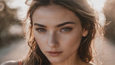 1girl,solo,long hair,looking at viewer,brown hair,brown eyes,jewelry,closed mouth,braid,earrings,mole,blurry,lips,eyelashes,mole under eye,blurry background,portrait,close-up,freckles,realistic,nose,stud earrings,mole on cheek,black hair,sunlight,messy hair