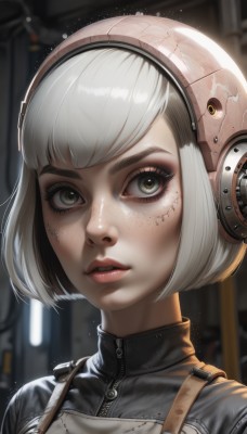 1girl,solo,looking at viewer,short hair,bangs,green eyes,upper body,white hair,parted lips,artist name,blurry,lips,grey eyes,eyelashes,makeup,depth of field,blurry background,headphones,bob cut,portrait,eyeshadow,zipper,freckles,science fiction,realistic,nose,red lips,cyborg,mascara,jacket,teeth,shiny,bodysuit,watermark,web address,close-up,android,eyeliner,cable,leather,dirty face