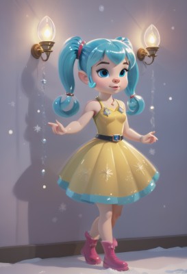 1girl,solo,long hair,breasts,smile,blue eyes,hair ornament,dress,bare shoulders,twintails,jewelry,blue hair,standing,full body,earrings,small breasts,boots,sleeveless,pointy ears,belt,artist name,necklace,lips,aqua hair,makeup,sleeveless dress,child,ankle boots,snowflakes,yellow dress,light bulb,bracelet,candle,chandelier