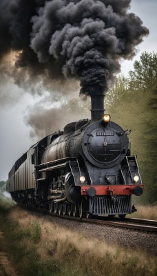 outdoors,sky,day,cloud,tree,military,no humans,grass,ground vehicle,nature,motor vehicle,smoke,cannon,military vehicle,tank,vehicle focus,caterpillar tracks,world war ii,forest,train,railroad tracks