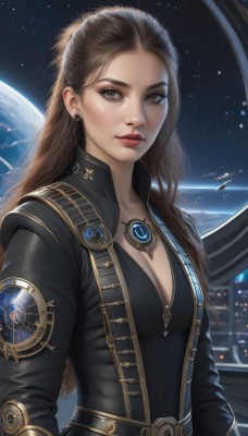 1girl,solo,long hair,breasts,looking at viewer,brown hair,long sleeves,cleavage,brown eyes,jewelry,medium breasts,closed mouth,jacket,upper body,earrings,sky,belt,necklace,lips,makeup,night,lipstick,star (sky),science fiction,realistic,nose,red lips,space,planet,earth (planet),bodysuit,eyeshadow,starry sky,emblem,spacecraft