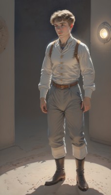 solo,looking at viewer,short hair,blonde hair,brown hair,shirt,long sleeves,1boy,brown eyes,standing,full body,white shirt,male focus,boots,parted lips,collared shirt,belt,pants,indoors,lips,dress shirt,buttons,shadow,brown footwear,suspenders,realistic,light,brown belt,grey pants,leather boots,blush,closed mouth,necktie,teeth,arms at sides,holster,brown pants