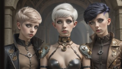 breasts,looking at viewer,short hair,bangs,multiple girls,blonde hair,black hair,2girls,cleavage,brown eyes,jewelry,medium breasts,closed mouth,blue hair,collarbone,jacket,upper body,white hair,multicolored hair,small breasts,parted lips,open clothes,choker,3girls,armor,blurry,two-tone hair,open jacket,lips,black jacket,grey eyes,eyelashes,makeup,siblings,zipper,high collar,very short hair,leather,undercut,leather jacket,yellow eyes,shoulder armor,realistic